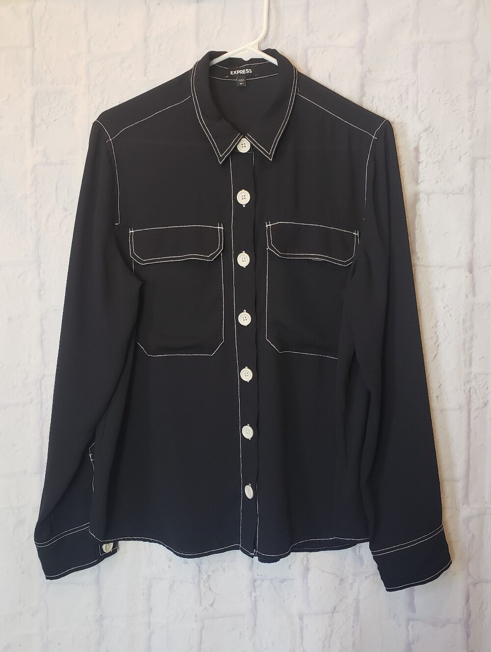 EXPRESS Semi-Sheer Black Button Down Exposed White Stitching Large